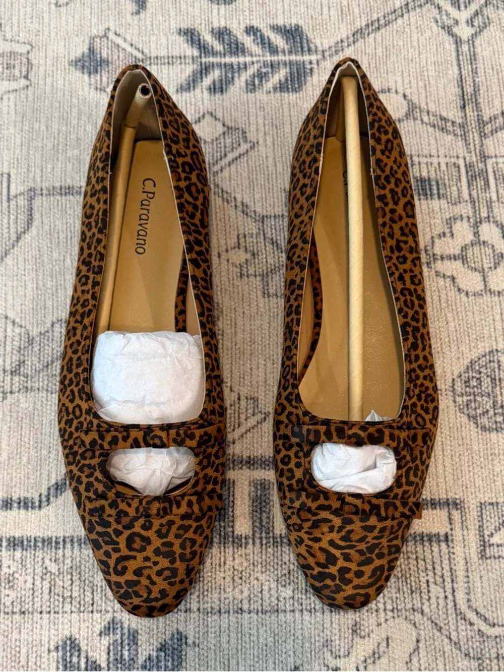 New C.Paravano Leopard Ballet Flats Bowknot Round Toe Faux Suede Size 9.5 NIB